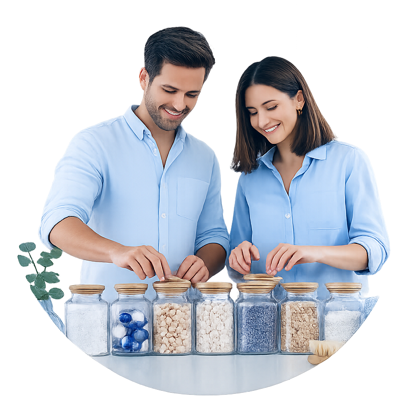 Man and woman in matching blue shirts standing behind a table with jars of various contents on a white background